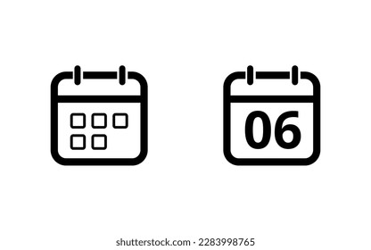 Hollow out calendar icons isolated on white background. Calendar icon with specific day. Day 06 marked on the calendar.