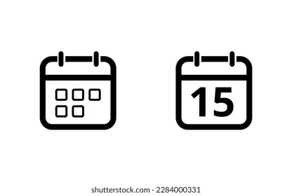 Hollow out calendar icons isolated on white background. Calendar icon with specific day. Day 15 marked on the calendar.