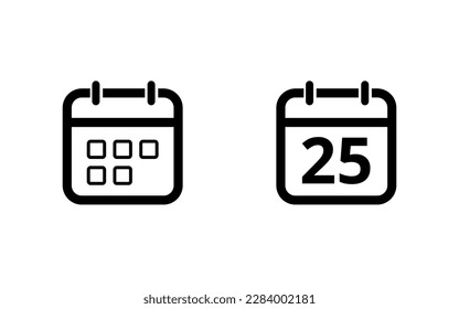 Hollow out calendar icons isolated on white background. Calendar icon with specific day. Day 25 marked on the calendar.