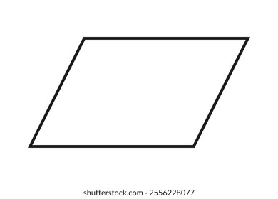 Hollow parallelogram thin stroke shape icon. A quadrilateral outline symbol formed by parallel lines. Isolated on a white background.