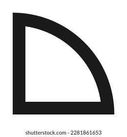 Hollow quarter circle thick stroke icon. A black quadrant line shape. Isolated on a white background.