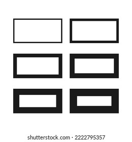 Hollow rectangle stroke shape icon set. A group of 6 rectangular line shapes with varying degrees of thickness. Isolated on a white background.