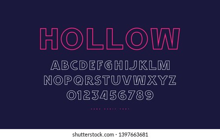 Hollow sans serif font in classic style. Letters and numbers for logo and label design. Color print on blue background