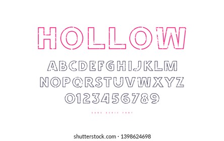 Hollow sans serif font in classic style. Letters and numbers with vintage texture for logo and label design. Color print on white background