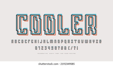 Hollow sans serif font in cyber style with shift distortion effect. Letters and numbers for logo and emblem design