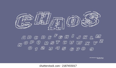 Hollow sans serif font with distortion effect. Letters and numbers for logo and emblem design. Vector illustration