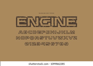 Hollow sans serif font in futuristic style. Letters and numbers with rough texture for sci-fi, military, racing logo and title design