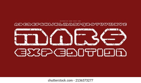 Hollow sans serif font in futuristic style. Letters with rust texture and rounded corners for sci-fi, military, space logo and title design. Vector illustration. White print on red background