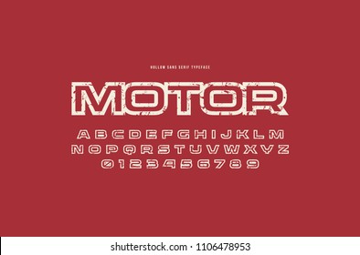 Hollow Sans Serif Font In Racing Style. Letters And Numbers With Rough Texture For Logo And Title Design