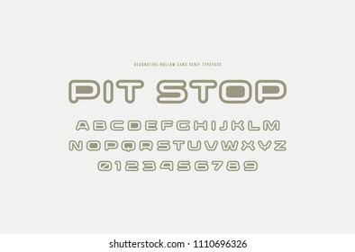 Hollow sans serif font with rounded corners. Letters and numbers for racing, urban, cosmic  logo design. Gray typeface on white background