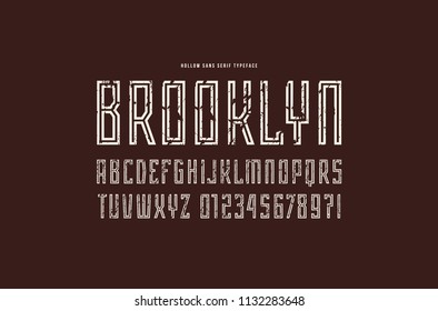 Hollow sans serif font in the sport style. Letters and numbers with rough texture for logo and emblem design. White print on black background