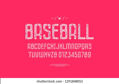 Hollow sans serif font in the sport style. Letters and numbers with vintage texture for logo and emblem design. White print on pink background