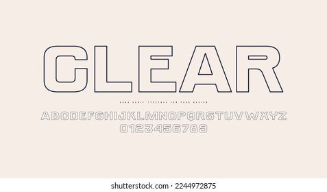 Hollow sans serif font in sport style. Letters and numbers for label and emblem design. Vector illustration