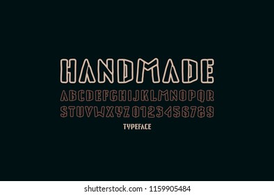 Hollow sans serif font in the style of handmade graphics. Letters and numbers for t-shirt and emblem design. Color print on black background