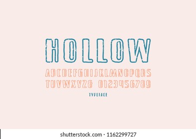 Hollow sans serif font in the style of handmade graphics. Letters and numbers with vintage texture for logo and title design. Print on white background