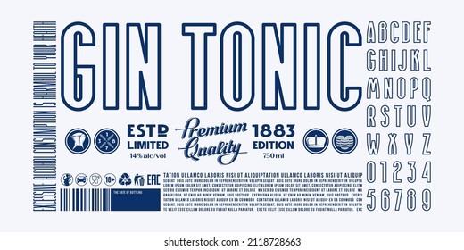 Hollow sans serif font. Template label for gin tonic. Letters and numbers for logo and emblem design. Vector illustration