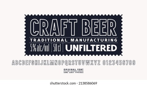 Hollow sans serif font and template label for craft beer. Letters and numbers for logo and emblem design. Vector illustration. Black print on white background