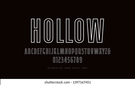 Hollow  sans serif narrow font in retro style. Letters and numbers with vintage texture for logo and label design. Color print on white background