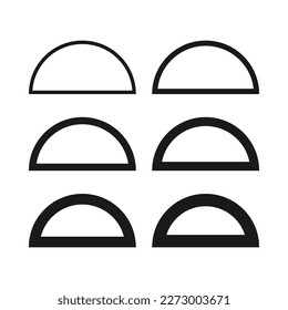Hollow semicircle stroke shape icon set. A group of 6 half-circle line shapes with varying degrees of thickness. Isolated on a white background.