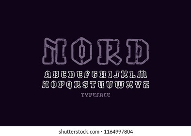 Hollow serif font in the style of handmade graphics. Letters with vintage texture for logo and label design