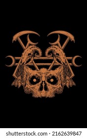 Hollow skull head and goat skull head with sharp weapons and flies artwork illustration