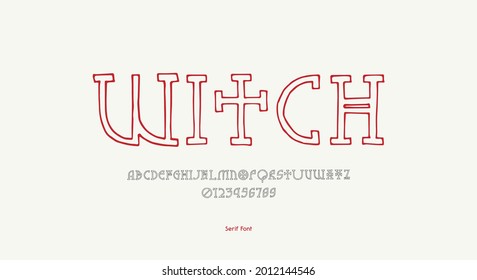 Hollow slab serif font in the style of hand drawn graphic. Letters and numbers for logo and label design. Vector illustration