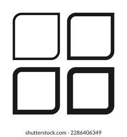 Hollow square leaf stroke shape icons. A group of squared line shapes with two rounded corners and varying degrees of thickness. Isolated on a white background.
