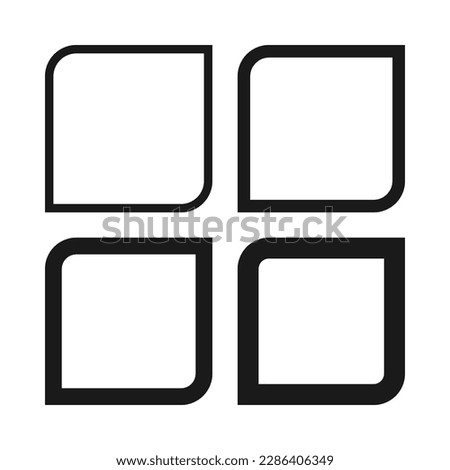 Hollow square leaf stroke shape icons. A group of squared line shapes with two rounded corners and varying degrees of thickness. Isolated on a white background.