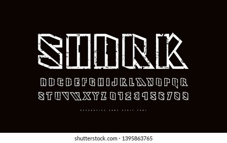 Hollow stencil-plate sans serif font. Futuristic style typeset. Letters and numbers with vintage texture for sci-fi, military, sport logo and emblem design. White print on black background