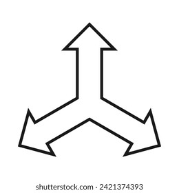 Hollow three-way, outward-pointing arrows. A symbol made from a trio of black outline, arrow shapes. Isolated on a white background.