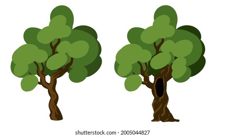 Hollow tree and healthy tree isolated on white. Simple trees. Hollow oak vector illustration isolated on white.