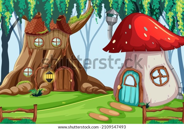 Hollow tree house and mushroom house in\
enchanted forest\
illustration