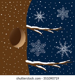 A hollow in a tree at the night sky, vector illustration 