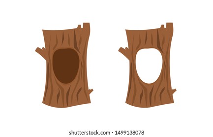 Hollow tree set. Hole in the tree. Illustration of a big trunk of a tree with a hole. Flat cartoon style vector illustration. White isolated