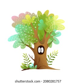 Hollow tree and spooky funny eyes looking out from the tree. Kids fairytale watercolor style mystery illustration. Isolated forest clipart for children vector design.