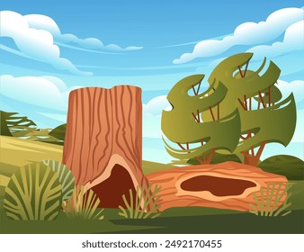 Hollow tree stump vector in a lush grassy area with rolling hills, trees, and a picturesque blue sky. Suitable for ecological, deforestation, and countryside visuals. Vector illustration