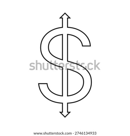 Hollow US dollar double arrow icon. A pointing USD money outline symbol. Isolated on a white background.