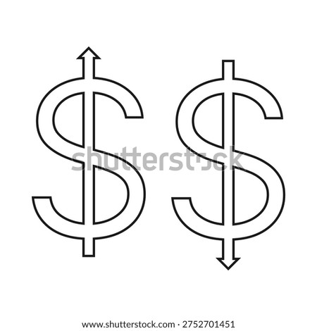 Hollow US dollar up, down arrows. Two pointing USD money outline symbols. Isolated on a white background.