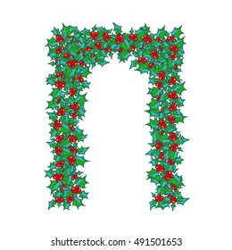 Holly Arch. Vector background, design element for Christmas and New Year greeting card or banner. Holly with berry, isolated on white