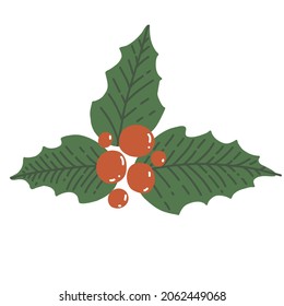 Holly Berries in cartoon flat style. Plant decoration for Christmas and New Year holiday