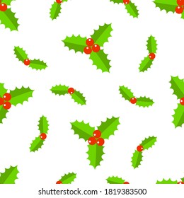 Holly berries Christmas seamless pattern on white background. Vector illustration.