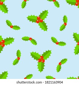 Holly berries Christmas seamless pattern on blue background. Vector illustration.