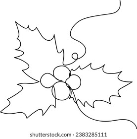 Holly berries continuous one line drawing. Christmas icon. Mistletoe berries and leaves line art. Hand drawn sketch. Xmas and New Year symbol. Isolated on white. Vector illustration.