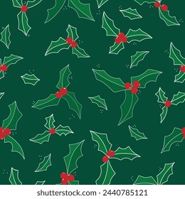 Holly and Berries in Deep Greens, Red and White Line Art in a Seamless Pattern