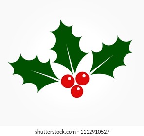 Holly berries icon. Ilex plant leaves symbol of Christmas