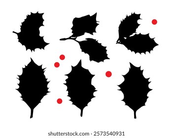 Holly Berries Leaves Icon, Holy Berry Grunge Leaf Symbol, European Ilex Branch silhouette, Xmas Sprig sign, Christmas Decoration, Winter Branch on White Background