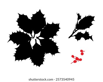 Holly Berries Leaves Icon, Holy Berry Grunge Leaf Symbol, European Ilex Branch silhouette, Xmas Sprig sign, Christmas Decoration, Winter Branch on White Background