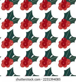 Holly berries and leaves. Winter botanical seamless pattern.
