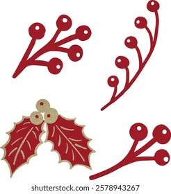 Holly berries, Holly, red texture, branch, Christmas decoration, vector, set, collection. Watercolor, Vintage. Greeting design, invitation, celebrate, event, party, new year