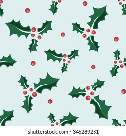 Holly and berries seamless pattern on bluish background. Flat style. EPS 8 vector illustration, no transparency